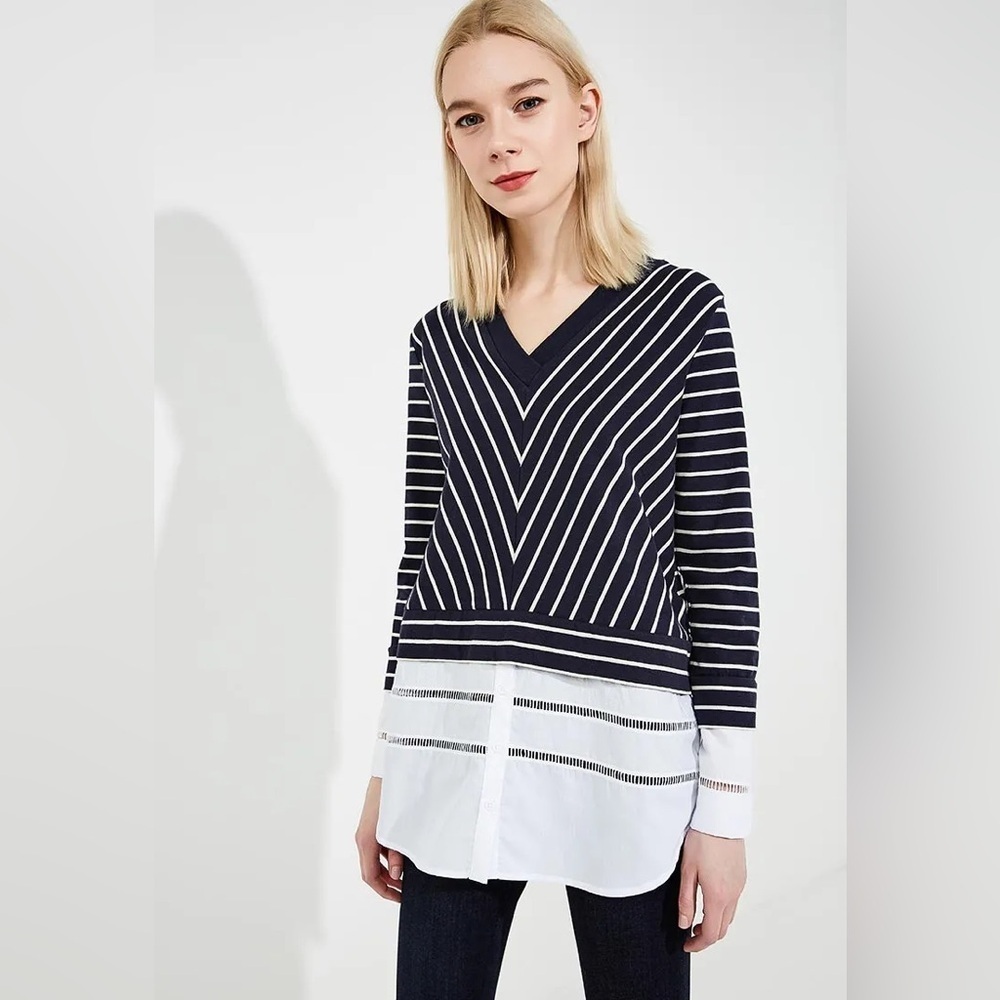French Connection Layering Top Navy and White Striped V-Neck
